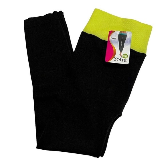 Sofra Leggings - Ladies Stretch‎ Capri Leggings Free Size EX925 Black/Neon Green - Picture 1 of 11